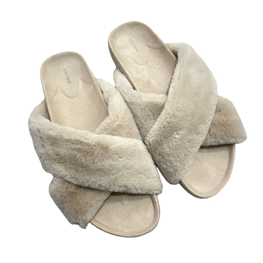 Birdies Faux Faux Fur Cream/Beige Slip On Sliders Sandals Size 10